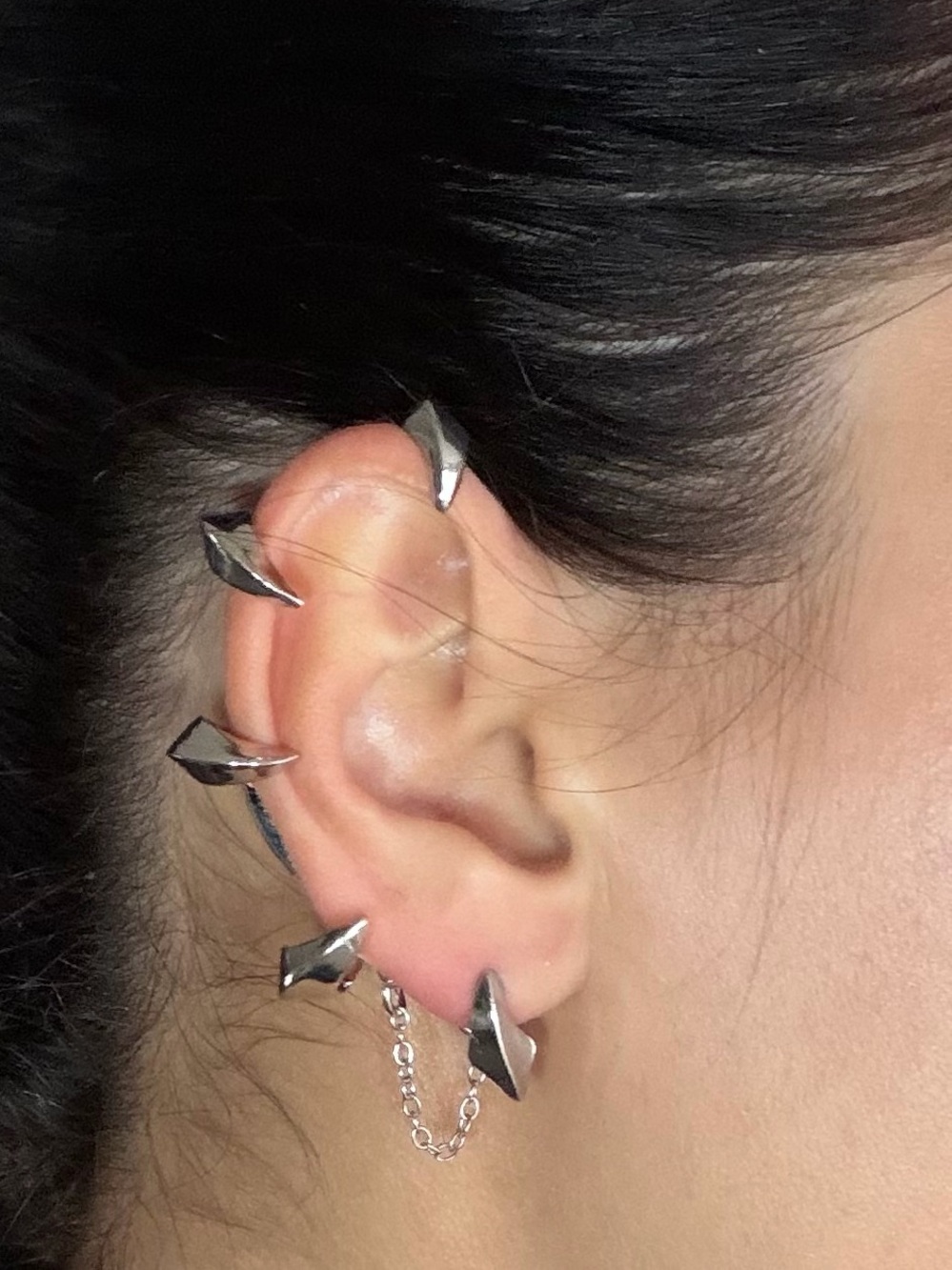 Silver Geometric Ear Cuff and Chain Earring Set - Modern Women's Jewelry